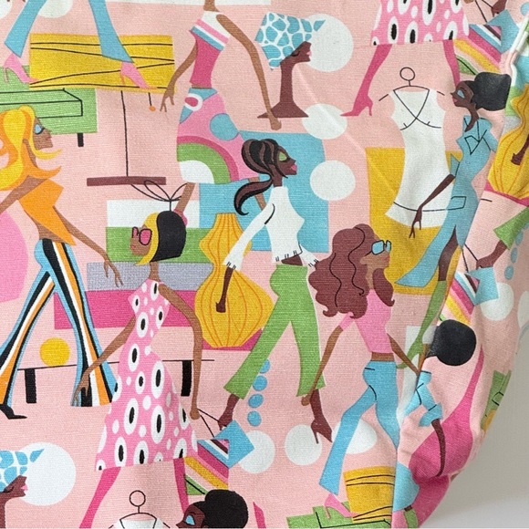 Neiman Marcus Pink Retro Tote Bag Purse Fashion Diva Print Wood Handles - Picture 4 of 9